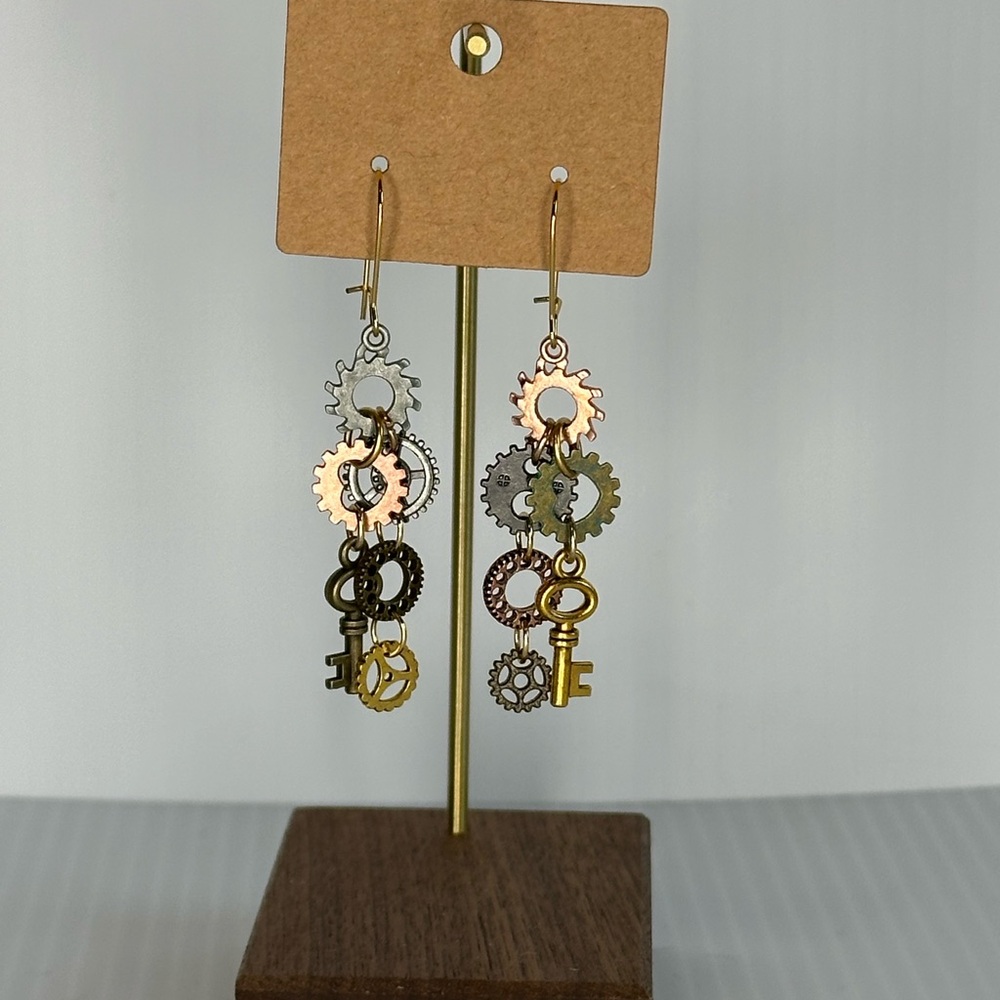 Steampunk gear and key earrings mixed metals